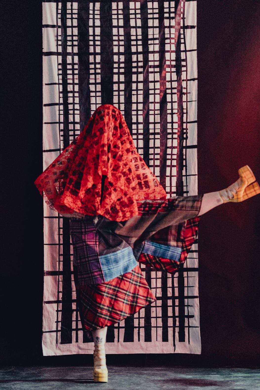 patchwork pants, backdrop, and veil made by DG